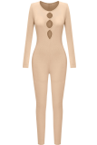 Apricot Sexy Solid Hollowed Out O Neck Skinny Jumpsuits