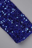 Blue Sexy Patchwork Bandage Sequins Backless Square Collar Long Sleeve Dresses