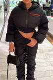 Black Casual Solid Patchwork Zipper Collar Outerwear