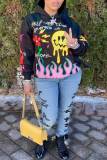 Black Casual Street Print Patchwork Hooded Collar Tops