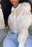 White Casual Solid Patchwork Shirt Collar Tops