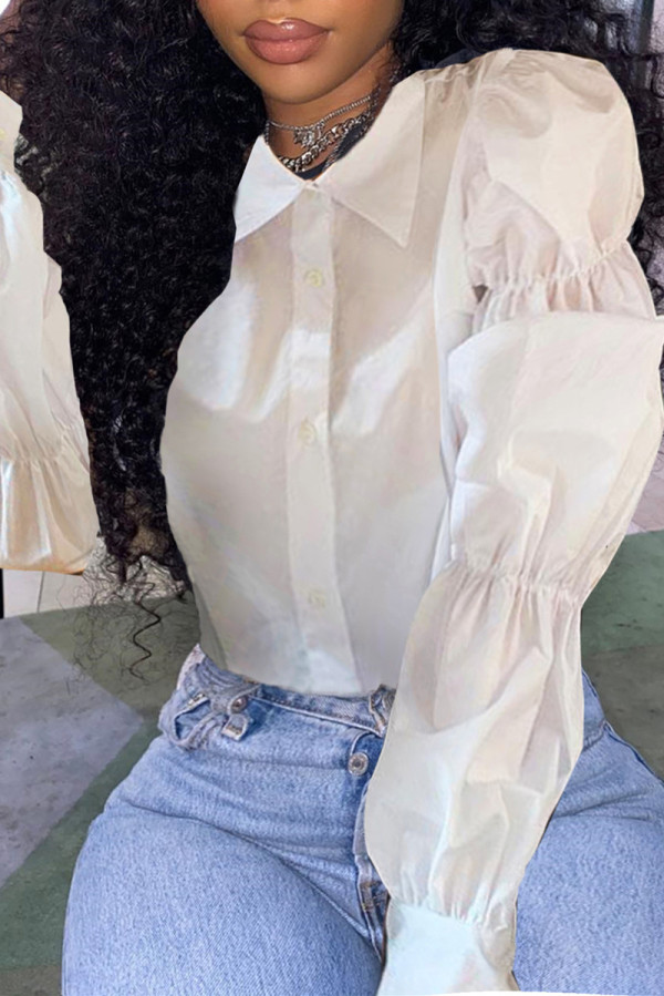 White Casual Solid Patchwork Shirt Collar Tops