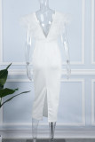 White Elegant Solid Patchwork V Neck One Step Skirt Dresses