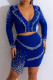 Blue Sexy Patchwork Hot Drill V Neck Long Sleeve Two Pieces