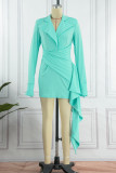 Light Green Casual Solid Patchwork Asymmetrical Turndown Collar Long Sleeve Dresses