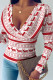 Red Casual Print Patchwork V Neck Tops
