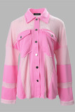 Pink Casual Patchwork Cardigan Contrast Turndown Collar Outerwear