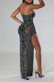 Red Sexy Solid Patchwork Slit Asymmetrical Halter Mesh Dress Dresses