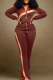 Coffee Casual Solid Patchwork Zipper Collar Long Sleeve Two Pieces
