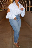White Casual Solid Hollowed Out Patchwork Shirt Collar Tops