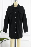 Black Casual Street Solid Embroidered Patchwork Buckle Turndown Collar Long Sleeve Denim Jacket