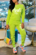 Fluorescent Green Casual Print Hot Drill O Neck Long Sleeve Two Pieces