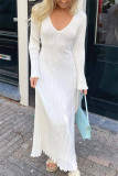Apricot Casual Solid Patchwork V Neck Long Sleeve Dresses