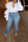 White Casual Solid Hollowed Out Patchwork Shirt Collar Tops