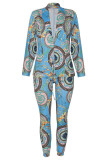 Sky Blue Casual Print Patchwork Cardigan Pants Turn-back Collar Long Sleeve Two Pieces