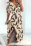 Navy Blue Casual Print Patchwork Slit V Neck Short Sleeve Dress Dresses