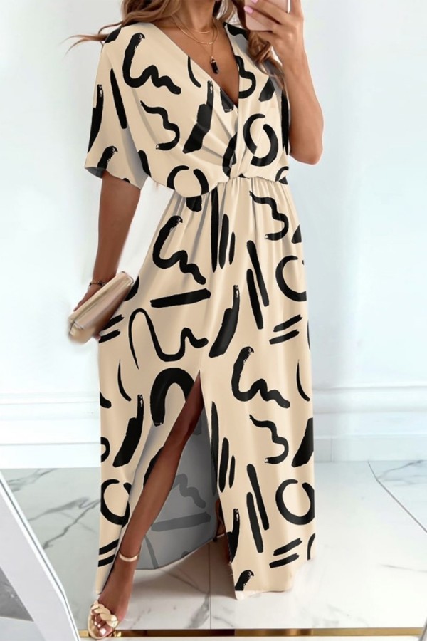 Cream White Casual Print Patchwork Slit V Neck Short Sleeve Dress Dresses