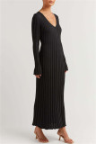 Apricot Casual Solid Patchwork V Neck Long Sleeve Dresses