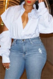 White Casual Solid Hollowed Out Patchwork Shirt Collar Tops