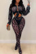 Black Sexy Solid Patchwork Buckle See-through Turndown Collar Long Sleeve Two Pieces