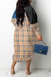Brown Casual Print Patchwork Draw String Buckle Turndown Collar Shirt Dress Dresses