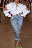 White Casual Solid Hollowed Out Patchwork Shirt Collar Tops