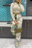 Green Casual Camouflage Print Patchwork Regular High Waist Trousers