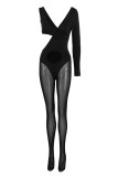 Black Sexy Solid Hollowed Out Patchwork Asymmetrical V Neck Skinny Jumpsuits