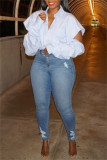 White Casual Solid Hollowed Out Patchwork Shirt Collar Tops