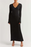 Apricot Casual Solid Patchwork V Neck Long Sleeve Dresses