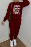 Burgundy Casual Letter Print Basic O Neck Long Sleeve Two Pieces