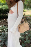 Apricot Casual Solid Patchwork V Neck Long Sleeve Dresses