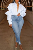 White Casual Solid Hollowed Out Patchwork Shirt Collar Tops