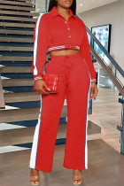 Red Casual Patchwork Slit Contrast Turndown Collar Long Sleeve Two Pieces