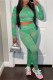 Green Casual Print Basic Zipper Collar Long Sleeve Two Pieces