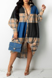 Brown Casual Print Patchwork Draw String Buckle Turndown Collar Shirt Dress Dresses