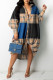 Brown Casual Print Patchwork Draw String Buckle Turndown Collar Shirt Dress Dresses