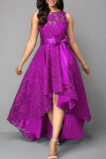 Purple Sexy Formal Solid Patchwork Asymmetrical With Bow O Neck Evening Dress Dresses