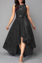 Black Sexy Formal Solid Patchwork Asymmetrical With Bow O Neck Evening Dress Dresses