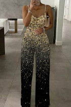 Gold Sexy Casual Print Backless Spaghetti Strap Regular Jumpsuits