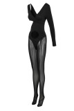 Black Sexy Solid Hollowed Out Patchwork Asymmetrical V Neck Skinny Jumpsuits