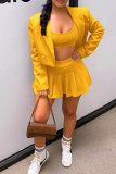 Pink Casual Solid Basic Turn-back Collar Long Sleeve Three-piece Set