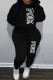 Black Casual Letter Print Basic Hooded Collar Long Sleeve Two Pieces