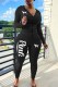 Black Casual Print Letter Hooded Collar Long Sleeve Two Pieces