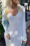 Apricot Casual Solid Patchwork V Neck Long Sleeve Dresses