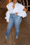 White Casual Solid Hollowed Out Patchwork Shirt Collar Tops