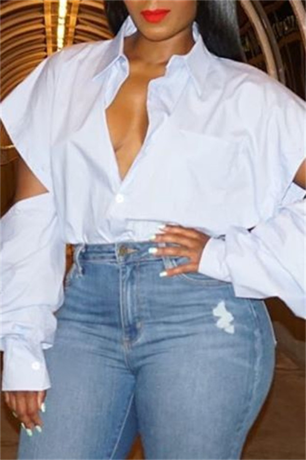 White Casual Solid Hollowed Out Patchwork Shirt Collar Tops