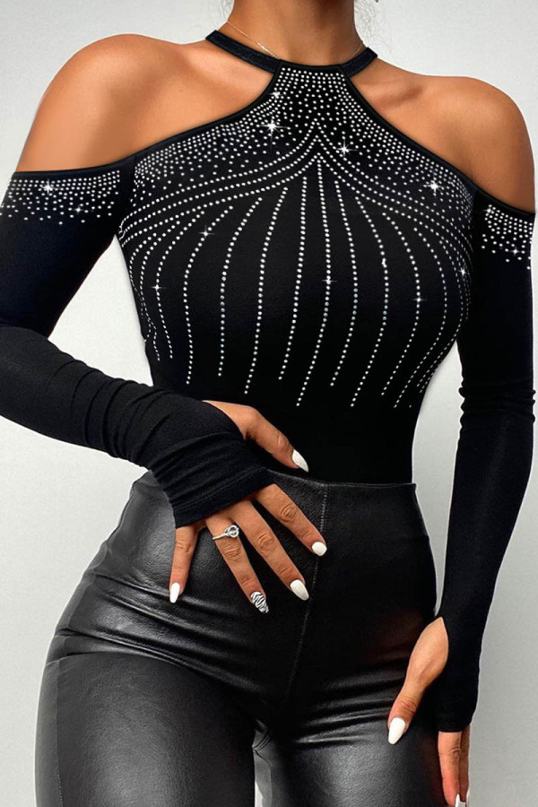 Pure Black Sexy Casual Solid Hollowed Out Tops