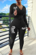 Black Casual Print Patchwork Hooded Collar Long Sleeve Two Pieces
