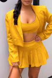 Pink Casual Solid Basic Turn-back Collar Long Sleeve Three-piece Set